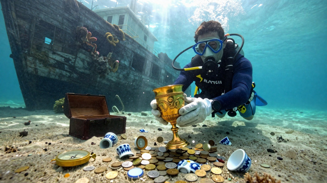 Mergulhador explorando um navio naufragado e coletando tesouro com moedas, taça dourada e baú no fundo do mar.