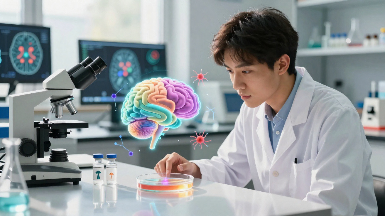 Cientista em laboratório analisando cultura em placa de petri, com holograma colorido de cérebro flutuante.