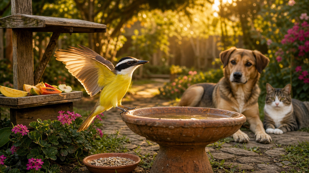 Pássaro amarelo com asas abertas perto de bebedouro, com cachorro e gato observando em jardim ao pôr do sol.