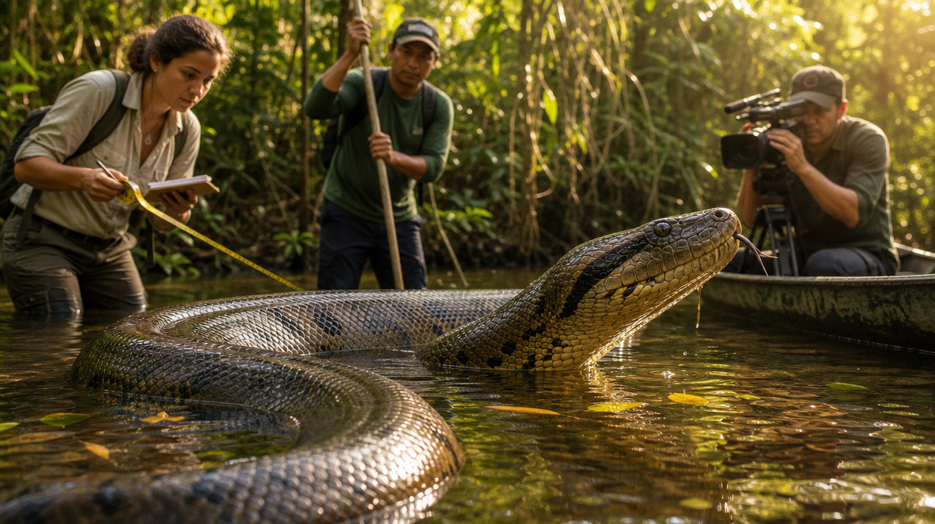 Mulher mede a jiboia gigante na água enquanto dois homens assistem em ambiente de floresta.