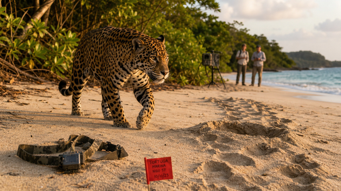 Onça-pintada caminhando na praia próxima a equipamento de rastreamento e placa em uma floresta tropical.
