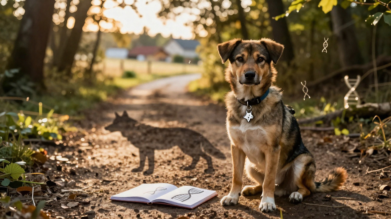 Cachorro sentado em estrada de terra com livro aberto mostrando hélice de DNA e sombra de lobo ao fundo.
