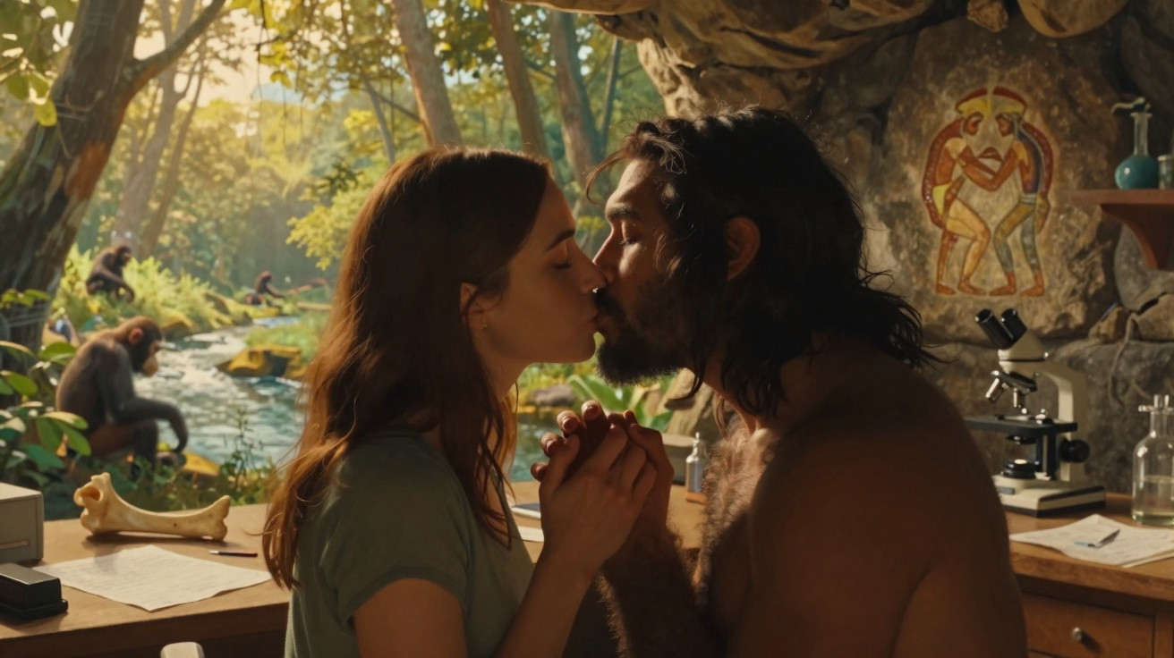 Casal se beijando de mãos dadas em ambiente com árvores, animais e equipamentos científicos ao fundo.