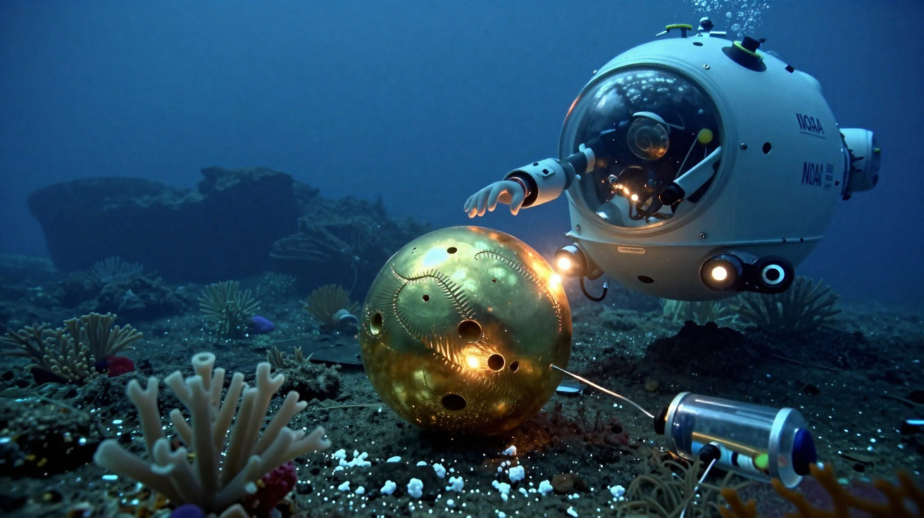 Submarino explorando objeto dourado esférico no fundo do mar entre corais e sedimentos.