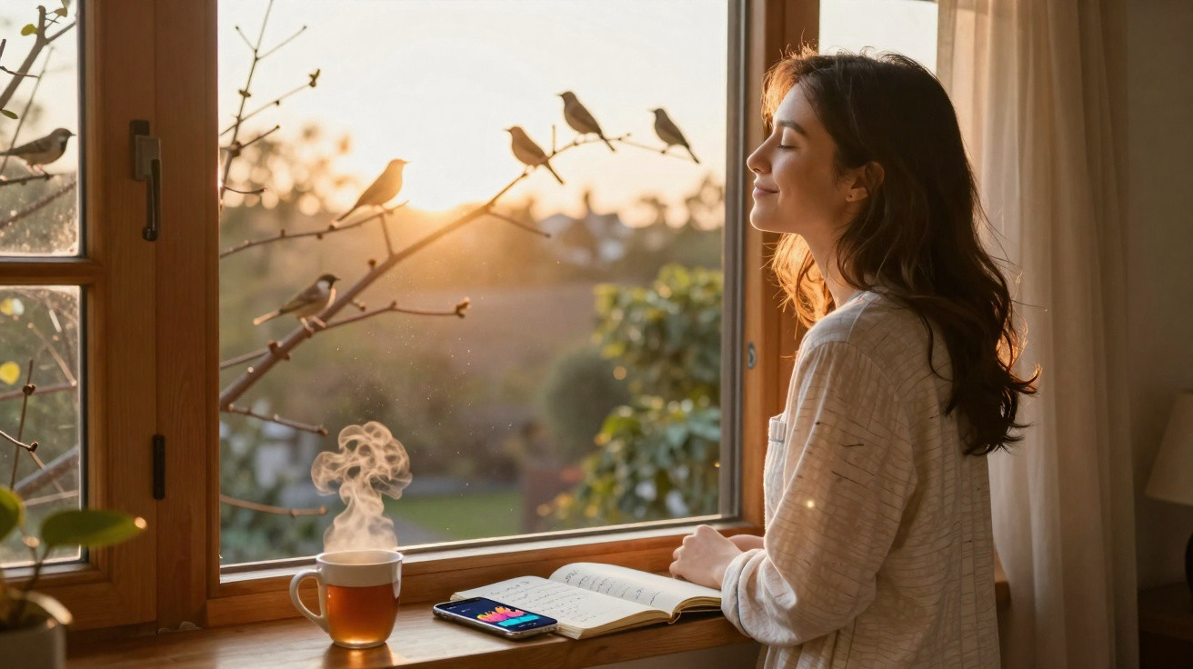 Mulher relaxando e apreciando o pôr do sol perto da janela com chá quente, livro e celular.