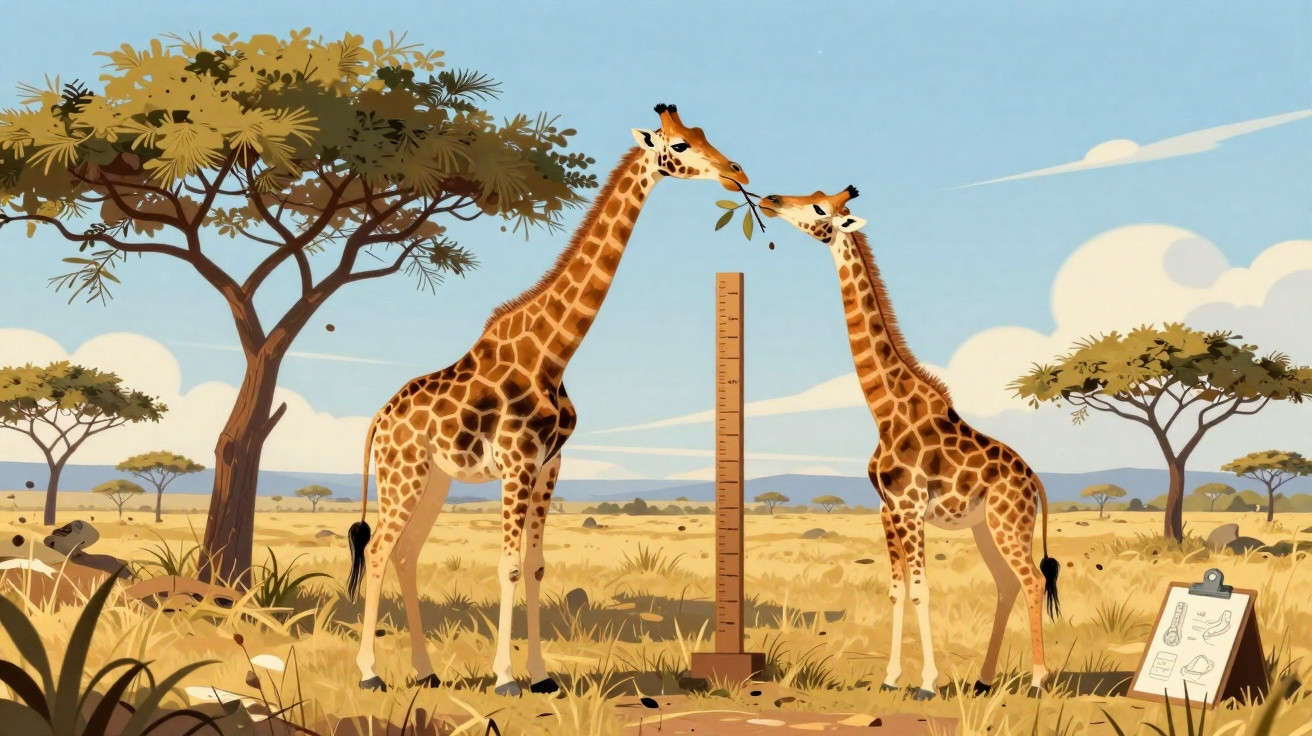Ilustração de duas girafas próximas a uma régua gigante, alimentando-se de folhas em uma savana ao entardecer.