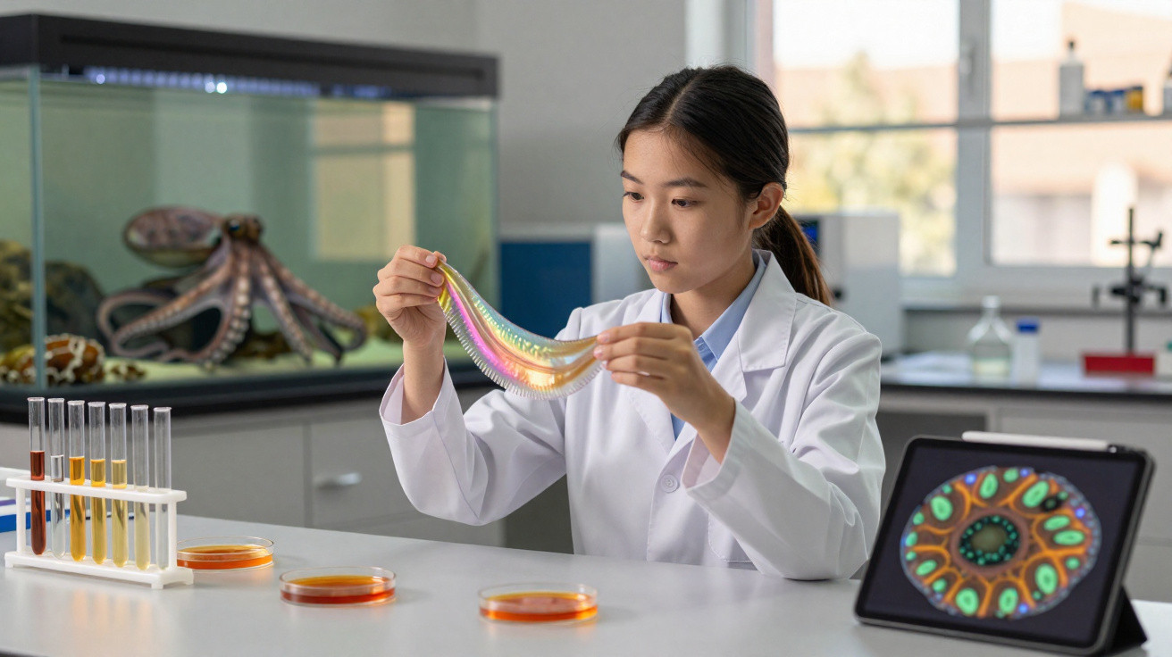 Jovem cientista analisa muco colorido em laboratório, com aquário e tablet exibindo imagens microscópicas.