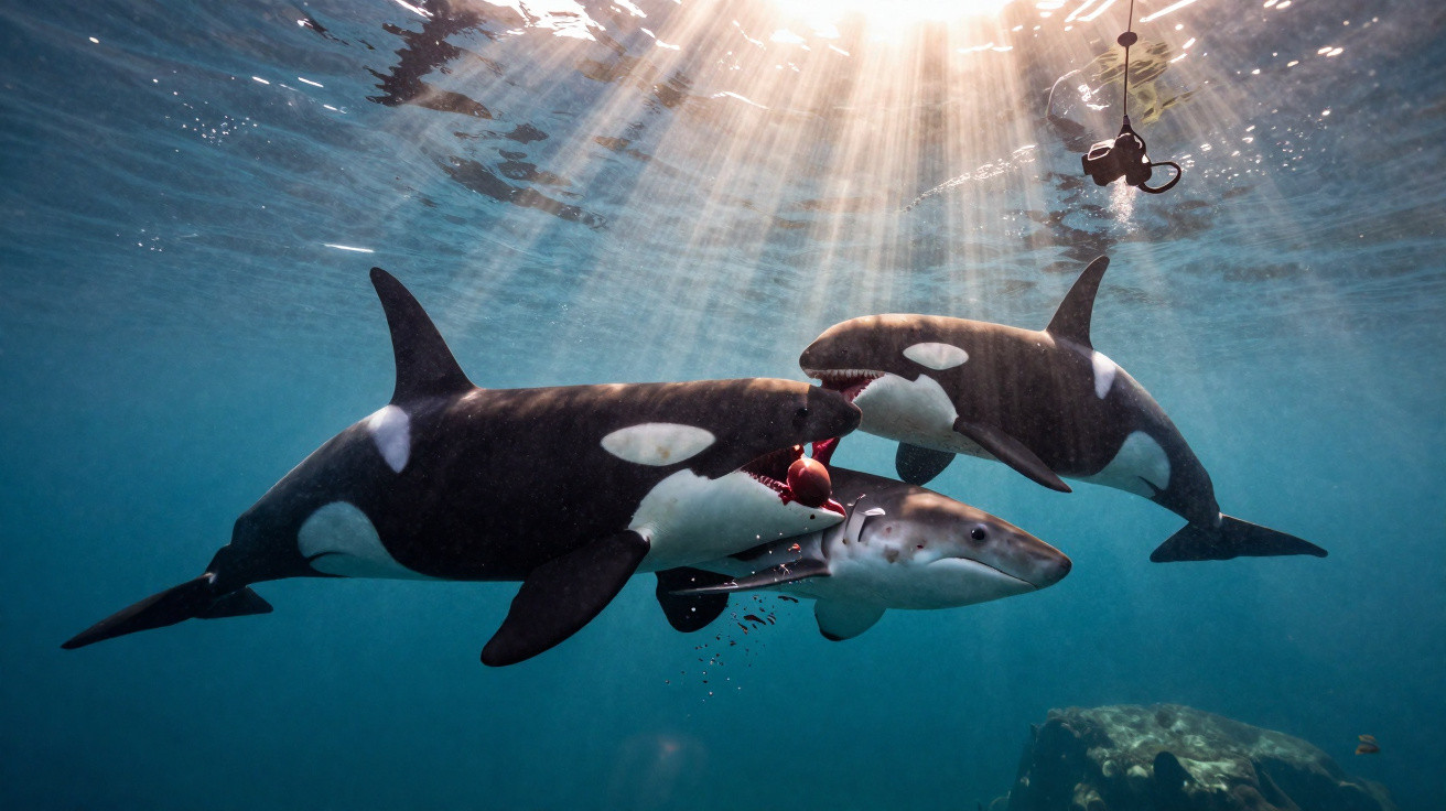 Duas orcas atacando e mordendo um tubarão sob a luz do sol penetrando na água do oceano.