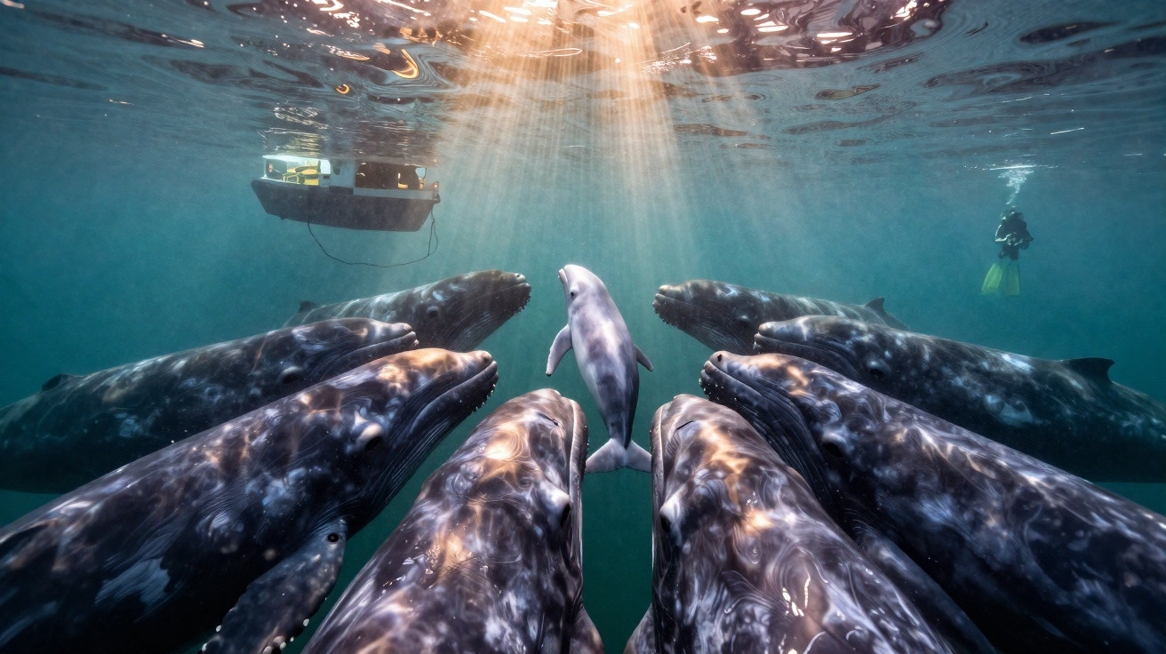 Baleias ao redor de um golfinho sob a luz do sol no oceano, com um barco e mergulhador ao fundo.