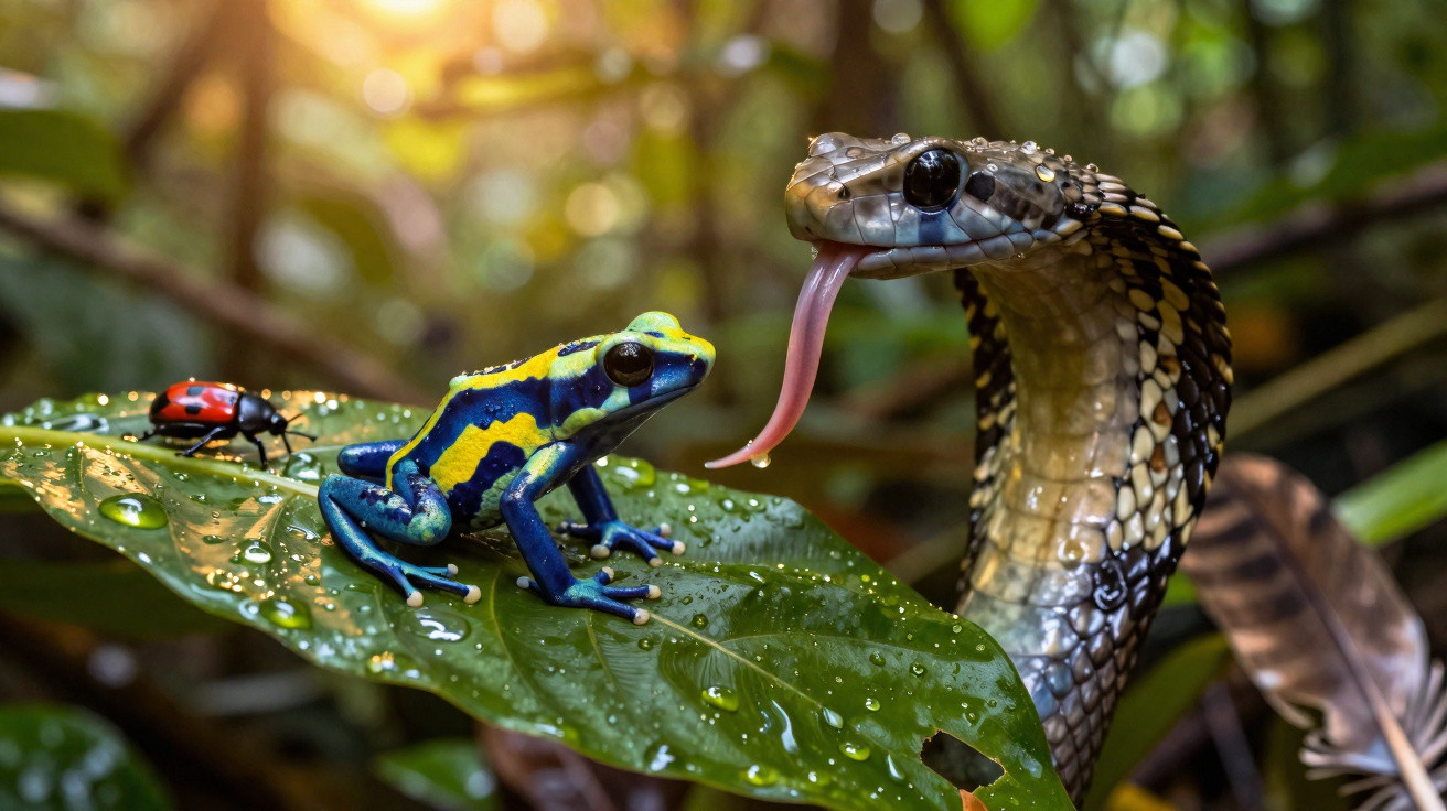 Rã azul e amarela e besouro vermelho sob folha com gotas d’água diante de cobra com língua de fora.