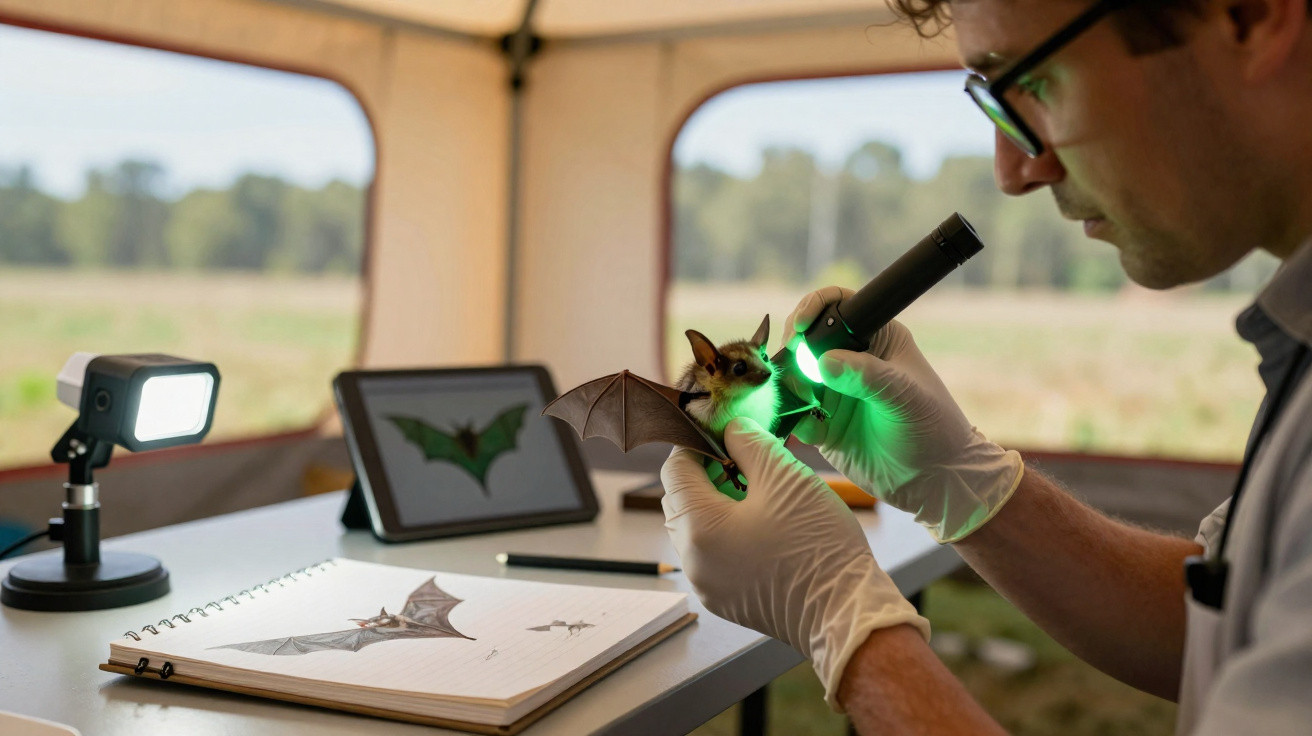 Cientista analisa morcego com lanterna verde durante estudo em ambiente de pesquisa ao ar livre.