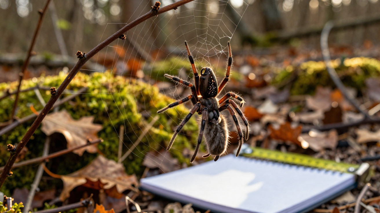 Aranha grande em teia com bloco de anotações desfocado e folhas secas ao fundo em floresta.