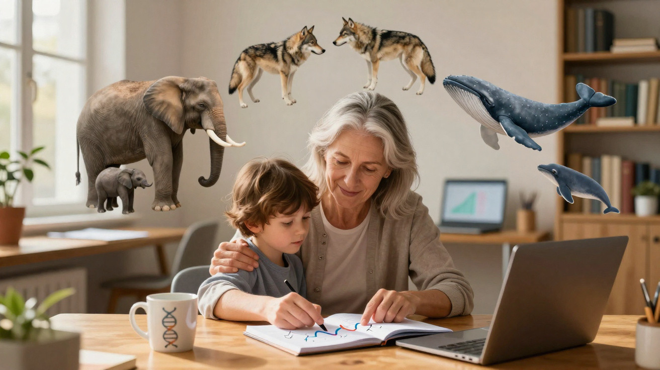 Idosa ajudando criança a estudar, com ilustrações virtuais de diferentes animais ao redor.