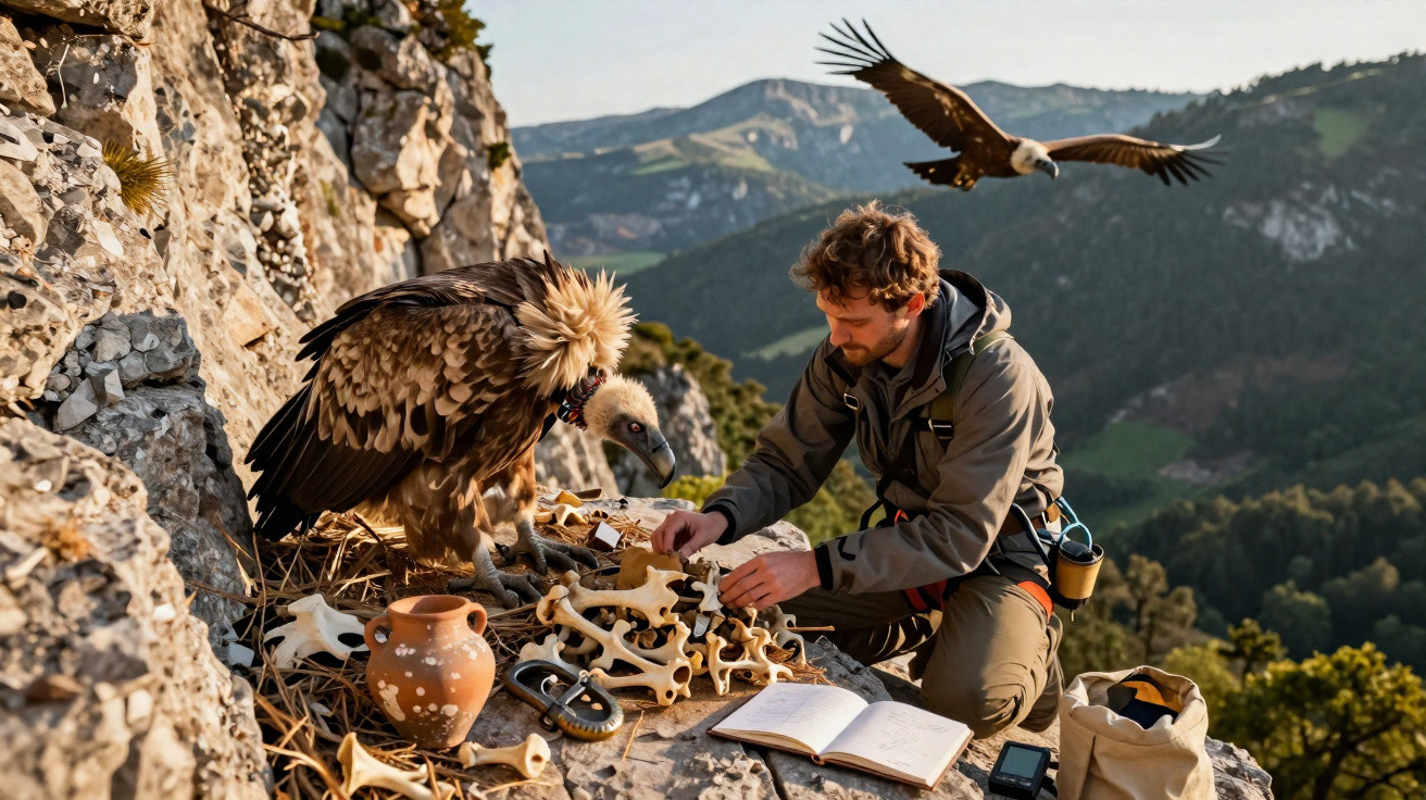 Homem estuda ossos e artefatos em um penhasco com aves grandes, montanhas ao fundo.