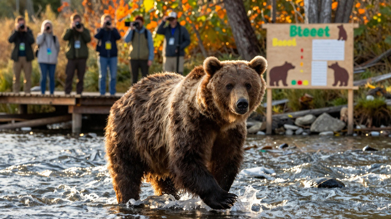 Urso-pardo caminhando em rio com pessoas fotografando ao fundo em área de observação na natureza.