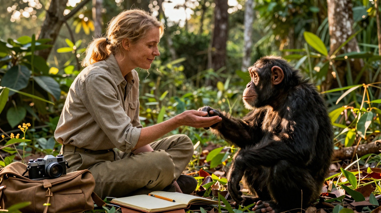 Mulher sentada na floresta estende a mão para um chimpanzé que retribui o gesto sentando.