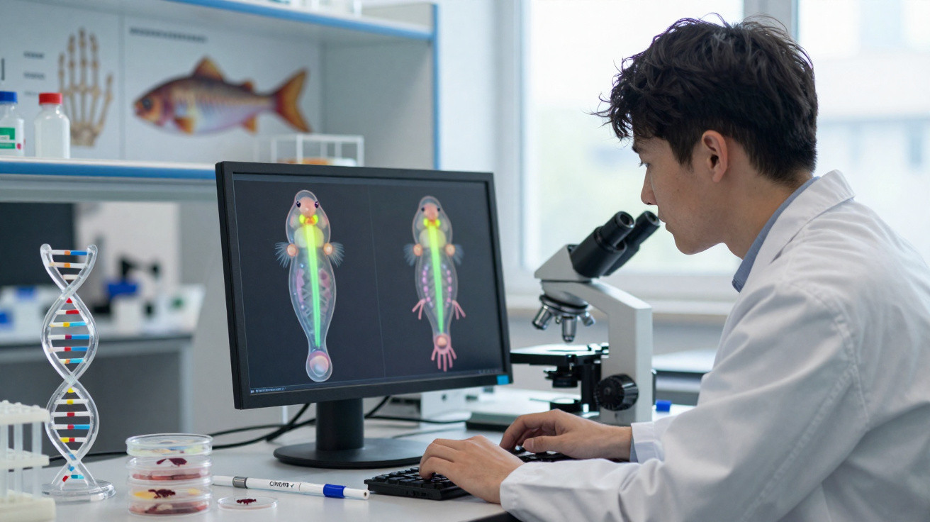 Cientista observa no computador imagens digitais de embriões de peixe em laboratório de pesquisa.