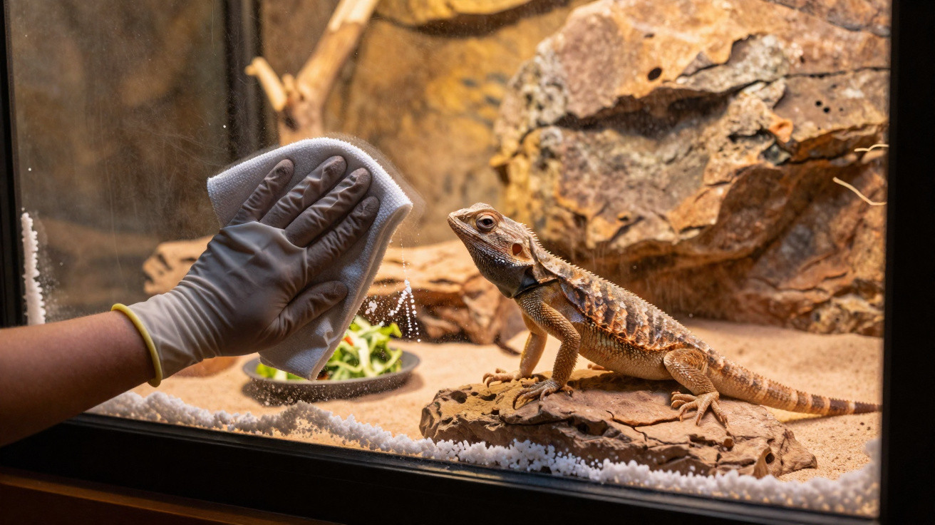 Pessoa com luva limpando a parede de vidro de um terrário com um lagarto sobre uma pedra dentro.
