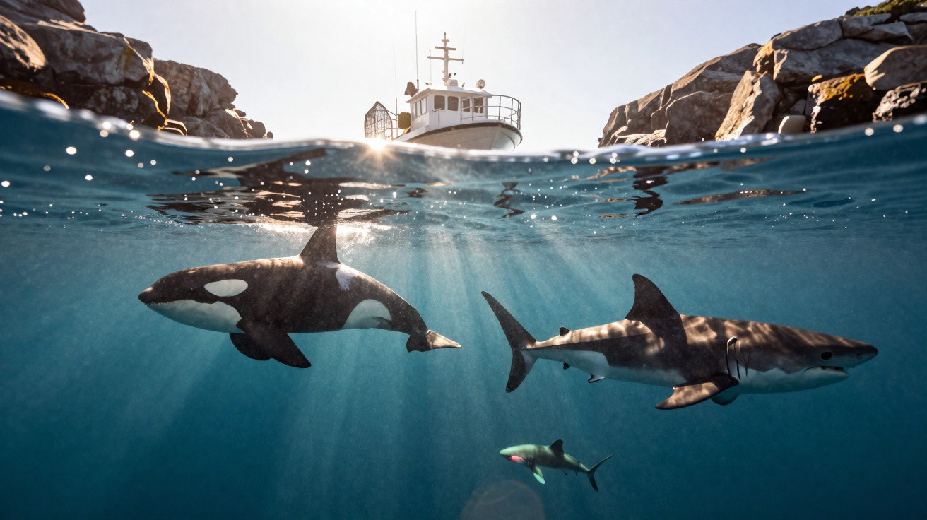 Orca e tubarões nadando próximos à superfície com barco e pedras ao fundo em mar claro.