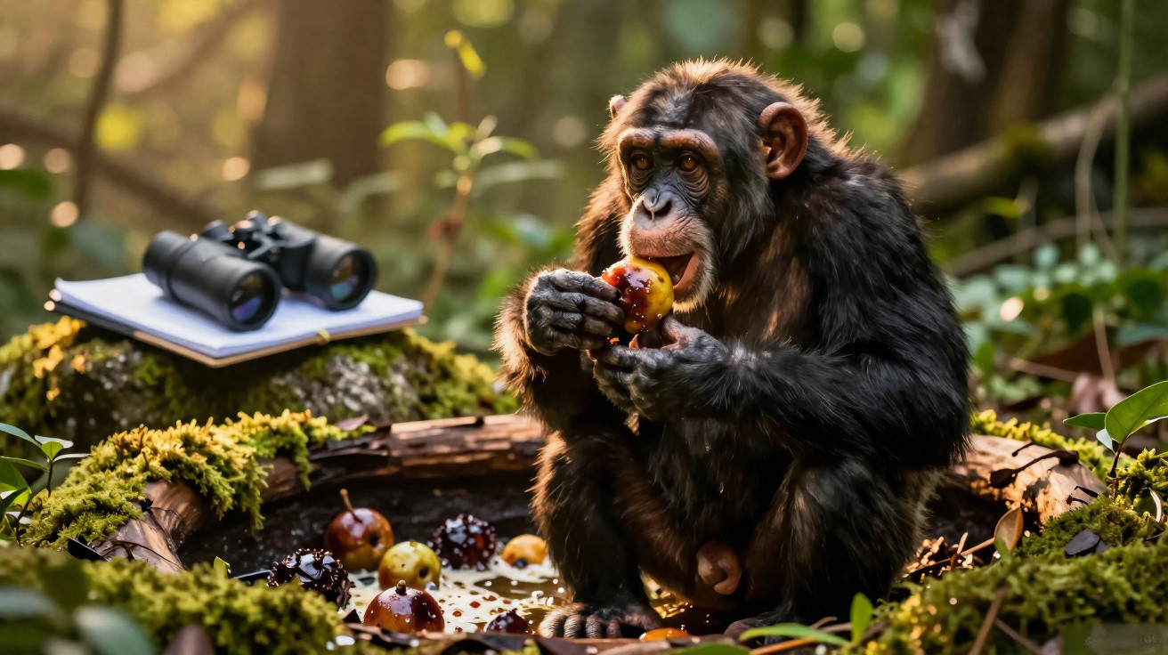 Chimpanzé comendo fruta em ambiente de floresta, com binóculos e caderno ao fundo.
