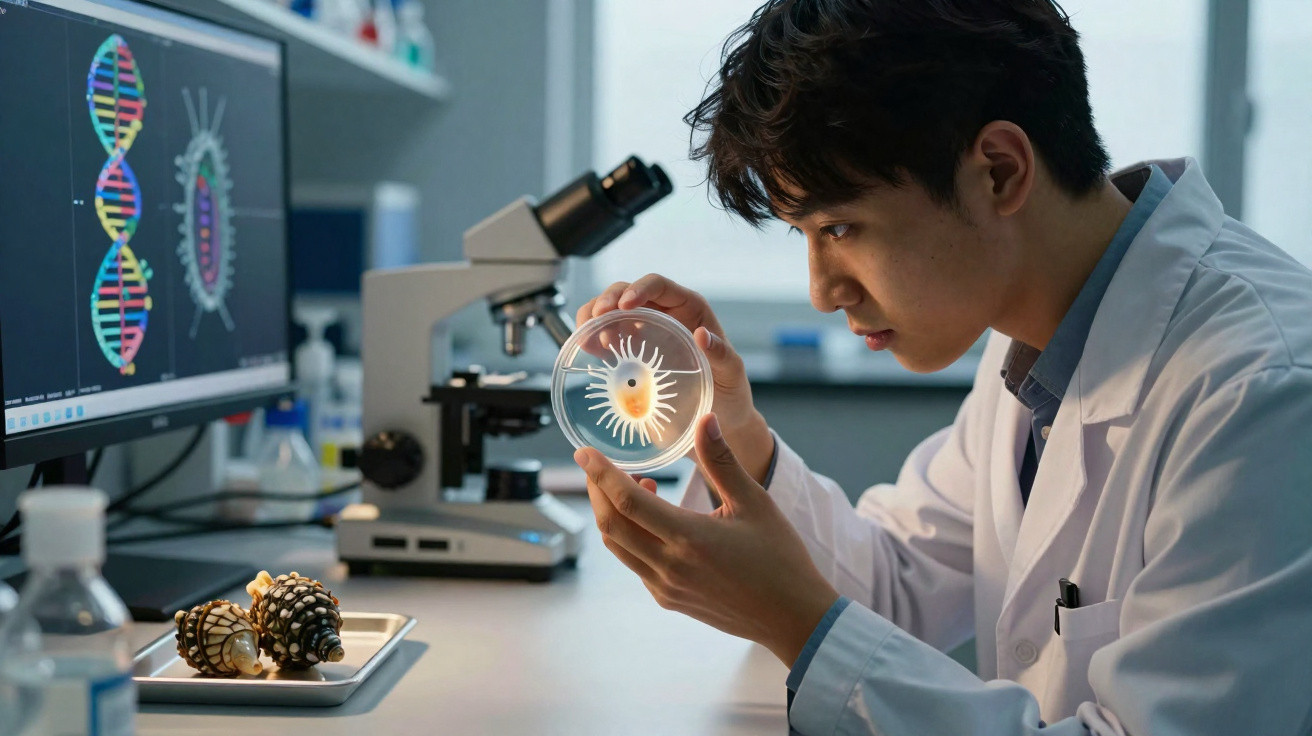 Cientista observa cultura bacteriana em placa de Petri, frente a computador com imagens de DNA no laboratório.