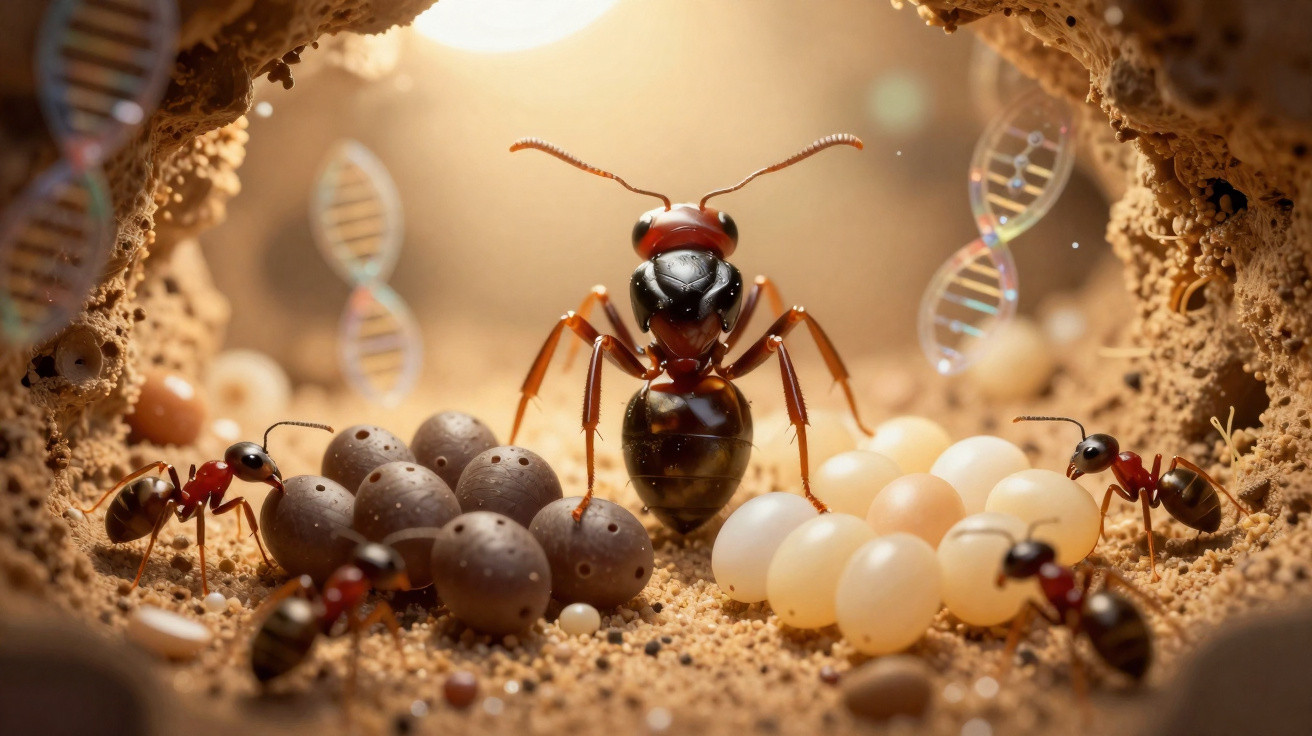 Formiga em visão macro protegendo ovos claros e escuros em seu formigueiro com hélices de DNA ao fundo.