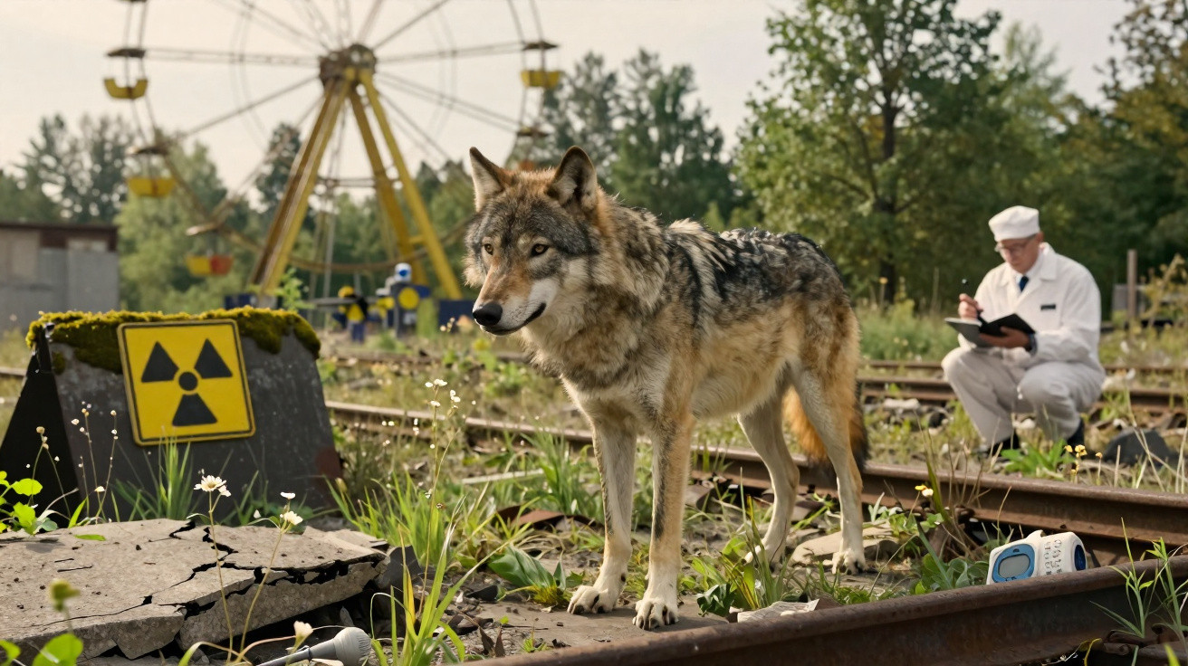 Lobo na ferrovia abandonada com sinal de radiação e homem de branco escrevendo ao fundo em parque com roda-gigante.