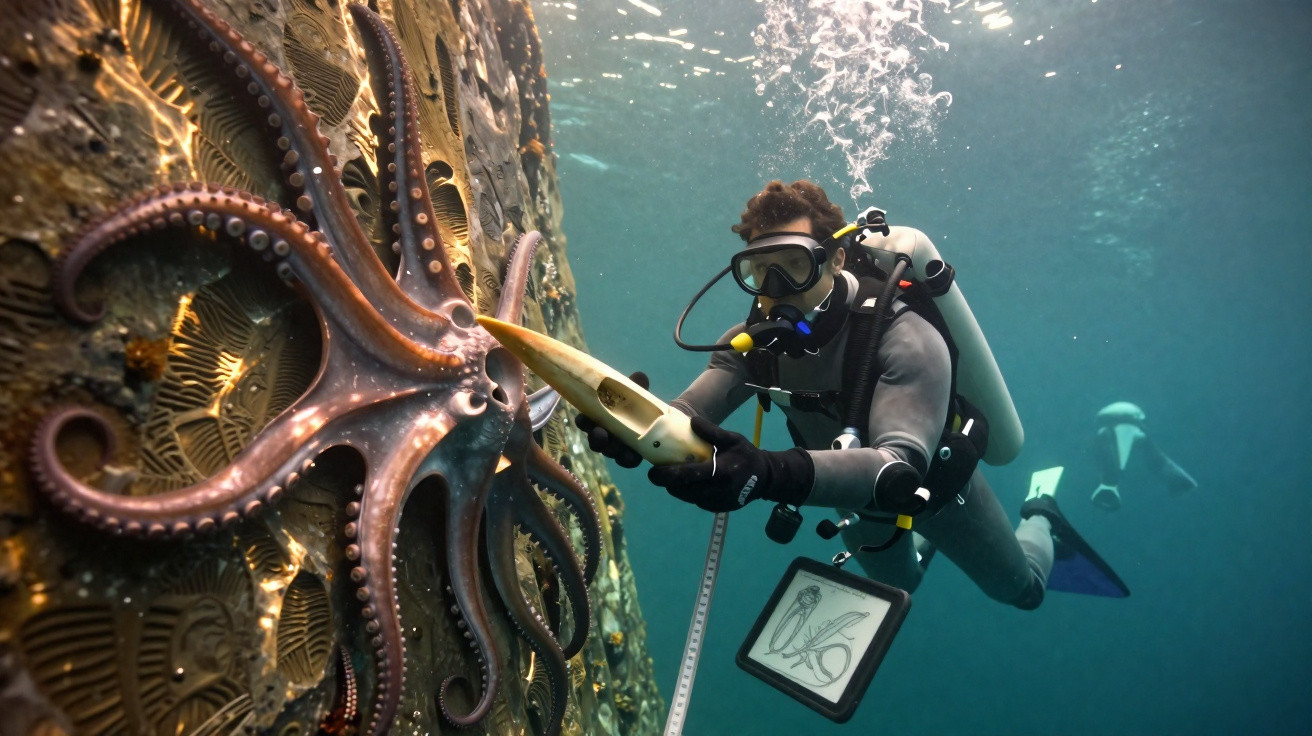 Mergulhador com equipamento completo interage com uma grande lula gigante presa em estrutura subaquática.