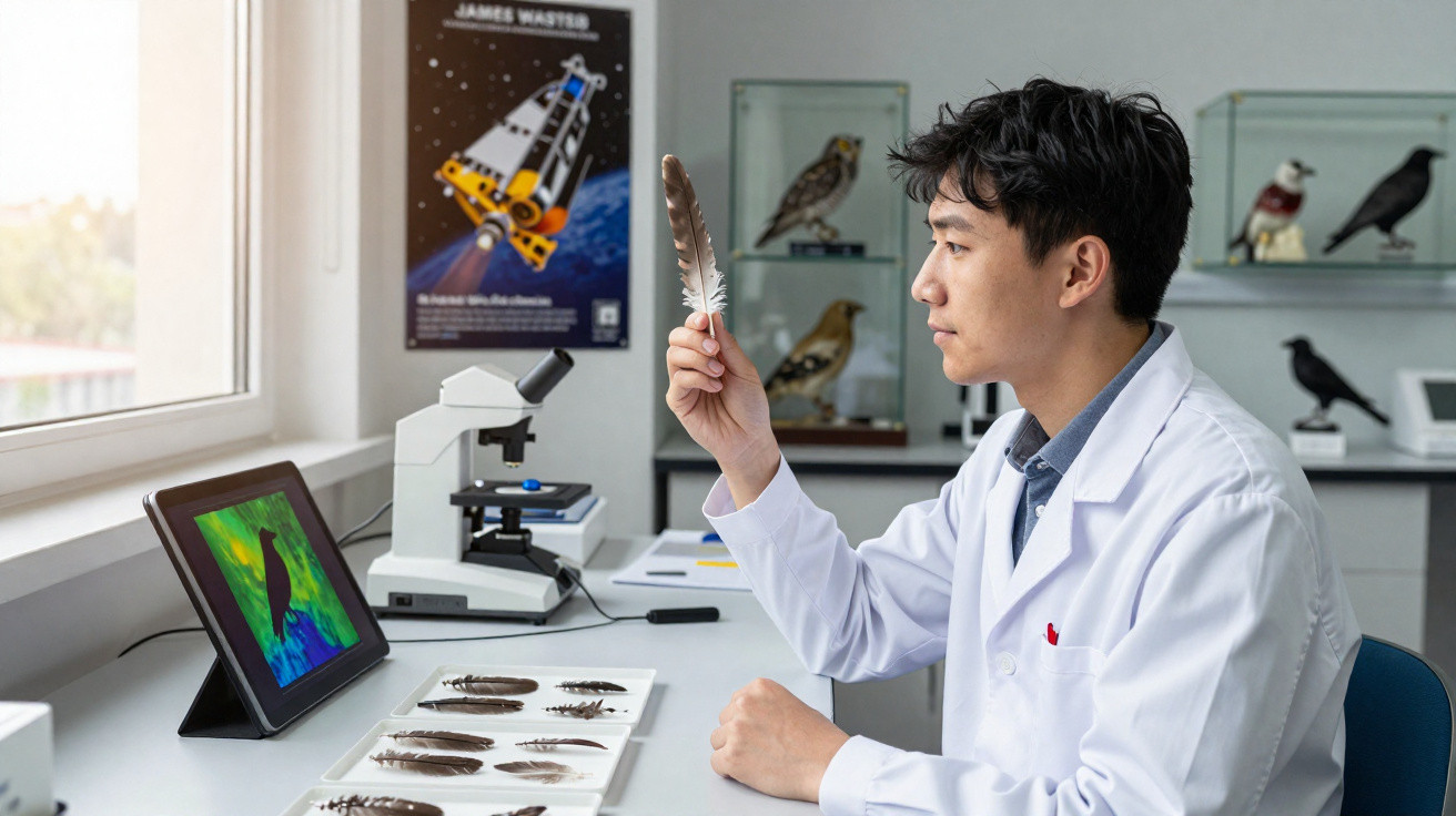 Pesquisador em laboratório observa uma pena, com várias penas e imagens de aves ao redor.
