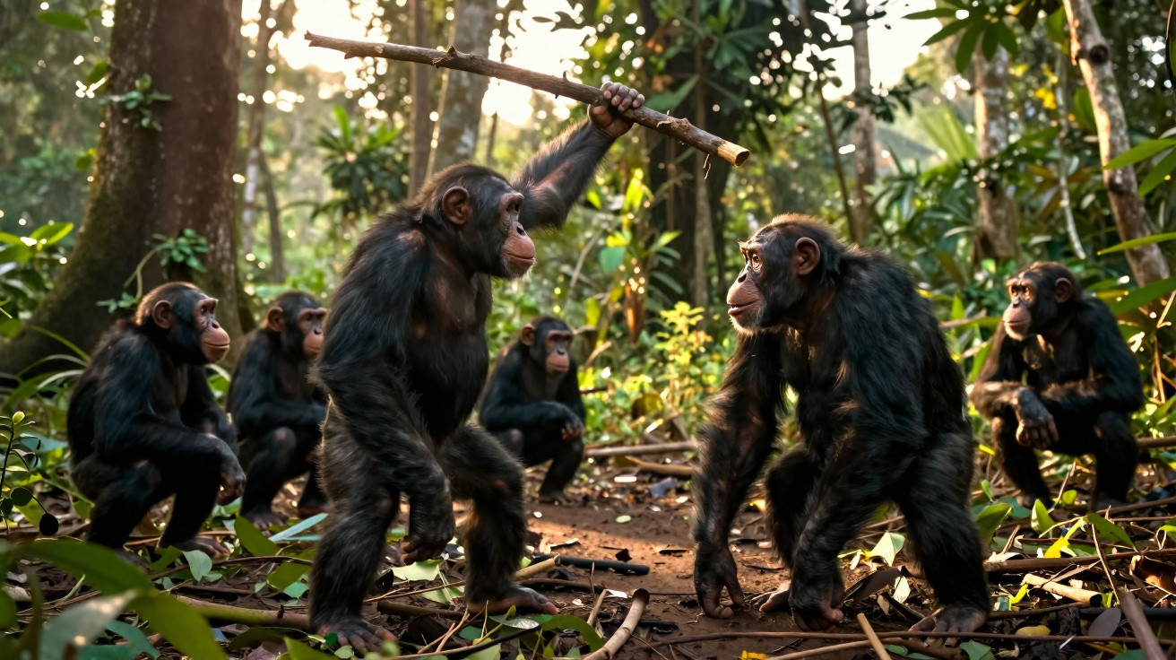 Grupo de chimpanzés em floresta, um segurando um galho de madeira acima da cabeça.