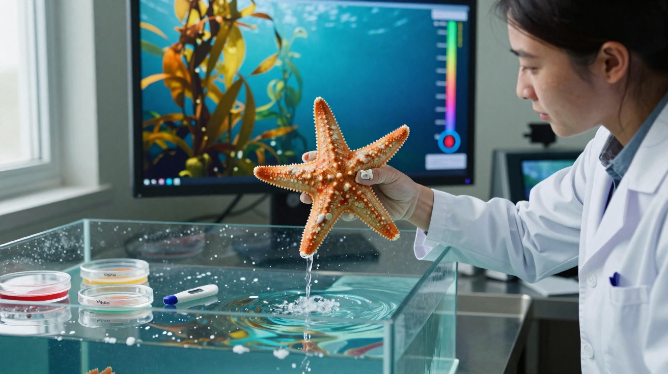 Pesquisadora em laboratório segurando uma estrela-do-mar acima de um aquário com equipamentos científicos ao fundo.