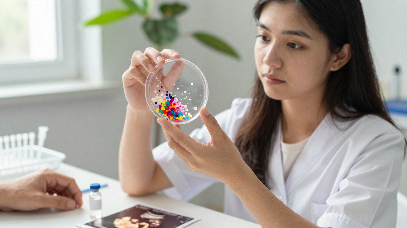 Mulher cientista analisando petri com pequenos objetos coloridos em laboratório</s>