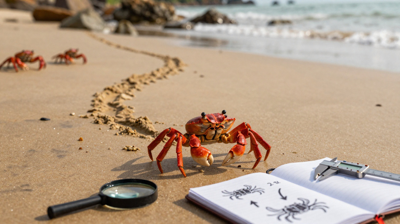 Caranguejo vermelho na areia da praia ao lado de lupa e caderno com desenhos de caranguejos.