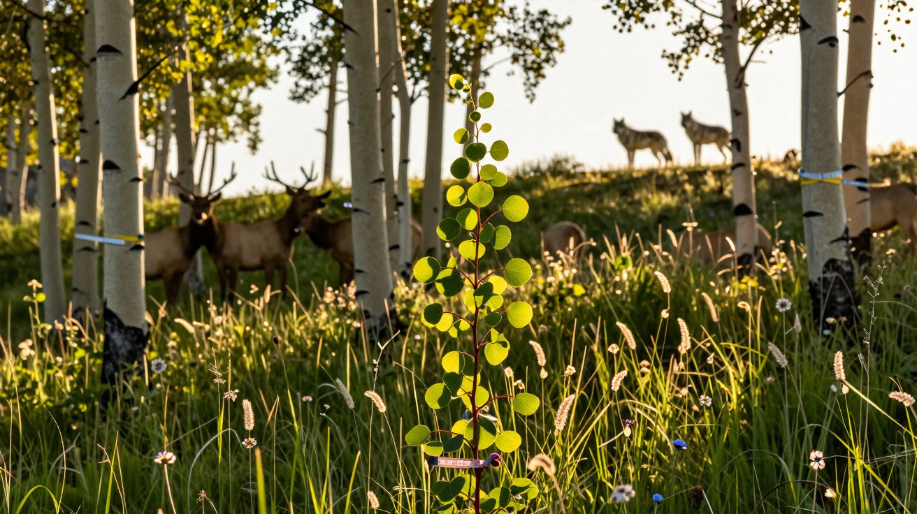 Veado-cervo entre árvores e vegetação iluminados pelo sol ao entardecer em área natural.