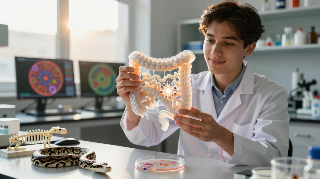 Pesquisador em laboratório segurando modelo do intestino com vírus, cobra e petri no ambiente.