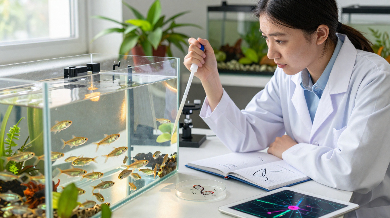 Pesquisadora em jaleco observa peixes em aquário e usa micropipeta em laboratório.