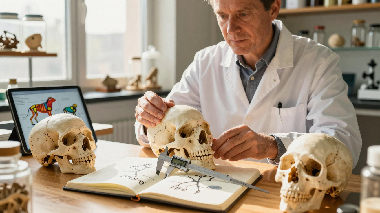Homem com jaleco branco analisando crânios em mesa com livro aberto e laptop em ambiente de laboratório.