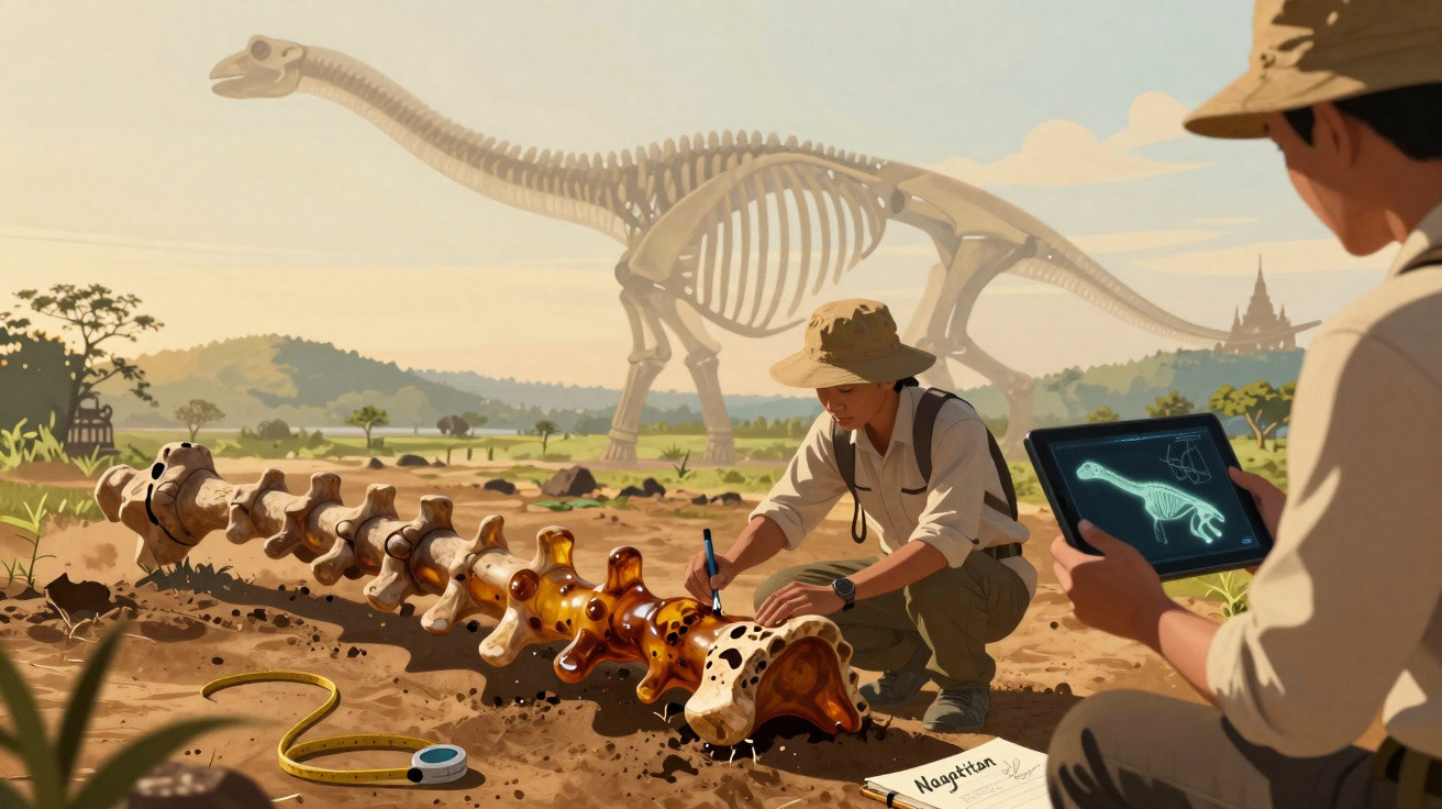 Dois paleontólogos estudam e documentam ossos fossilizados de dinossauro em campo aberto durante o dia.