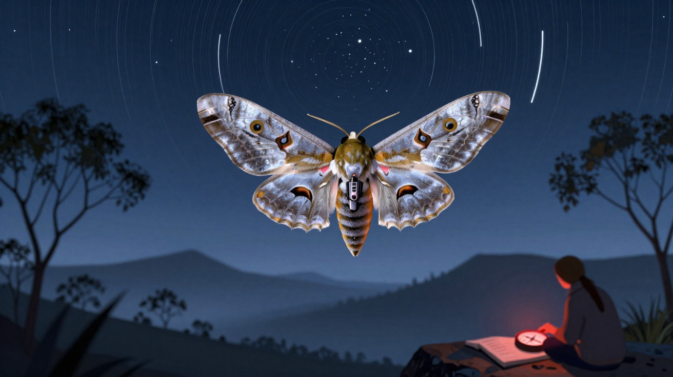 Mariposa gigante voando à noite com céu estrelado e pessoa sentada lendo com lanterna.