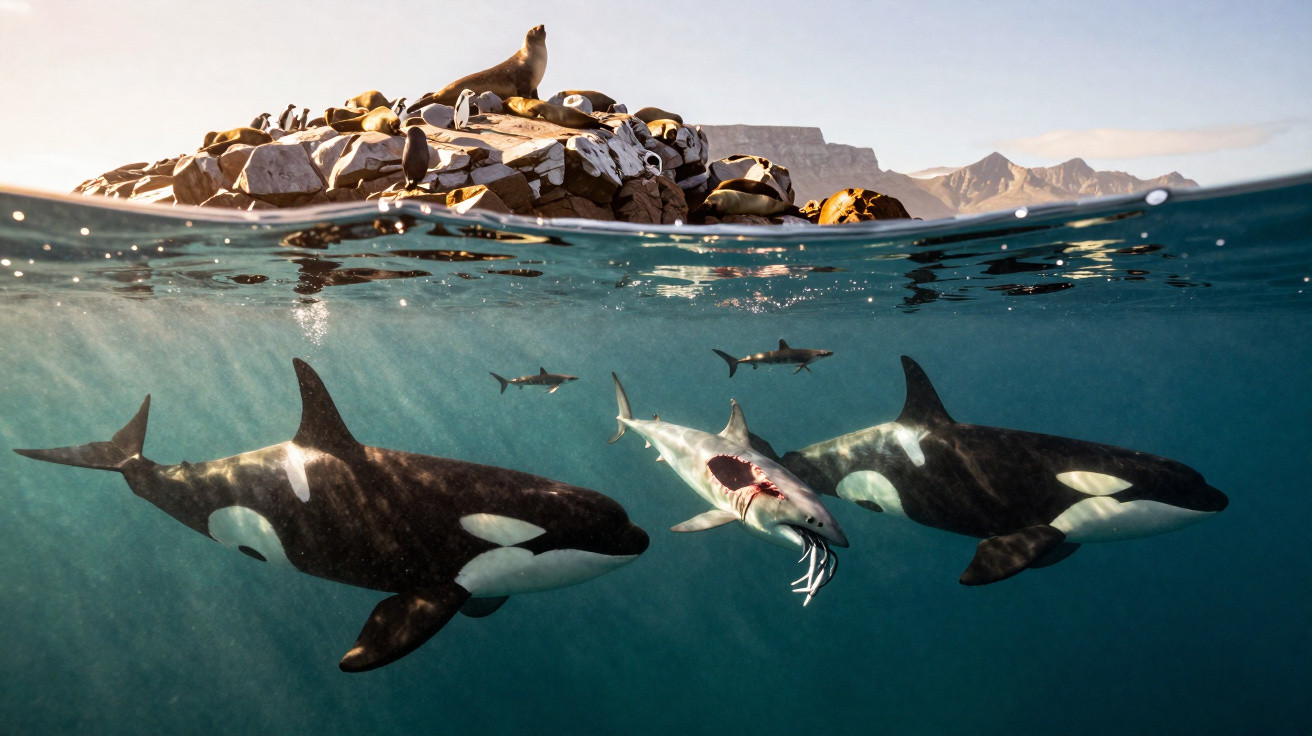 Orcas nadando próximas a um tubarão atacado, com leões-marinhos descansando em pedras acima da água e montanhas ao fundo.