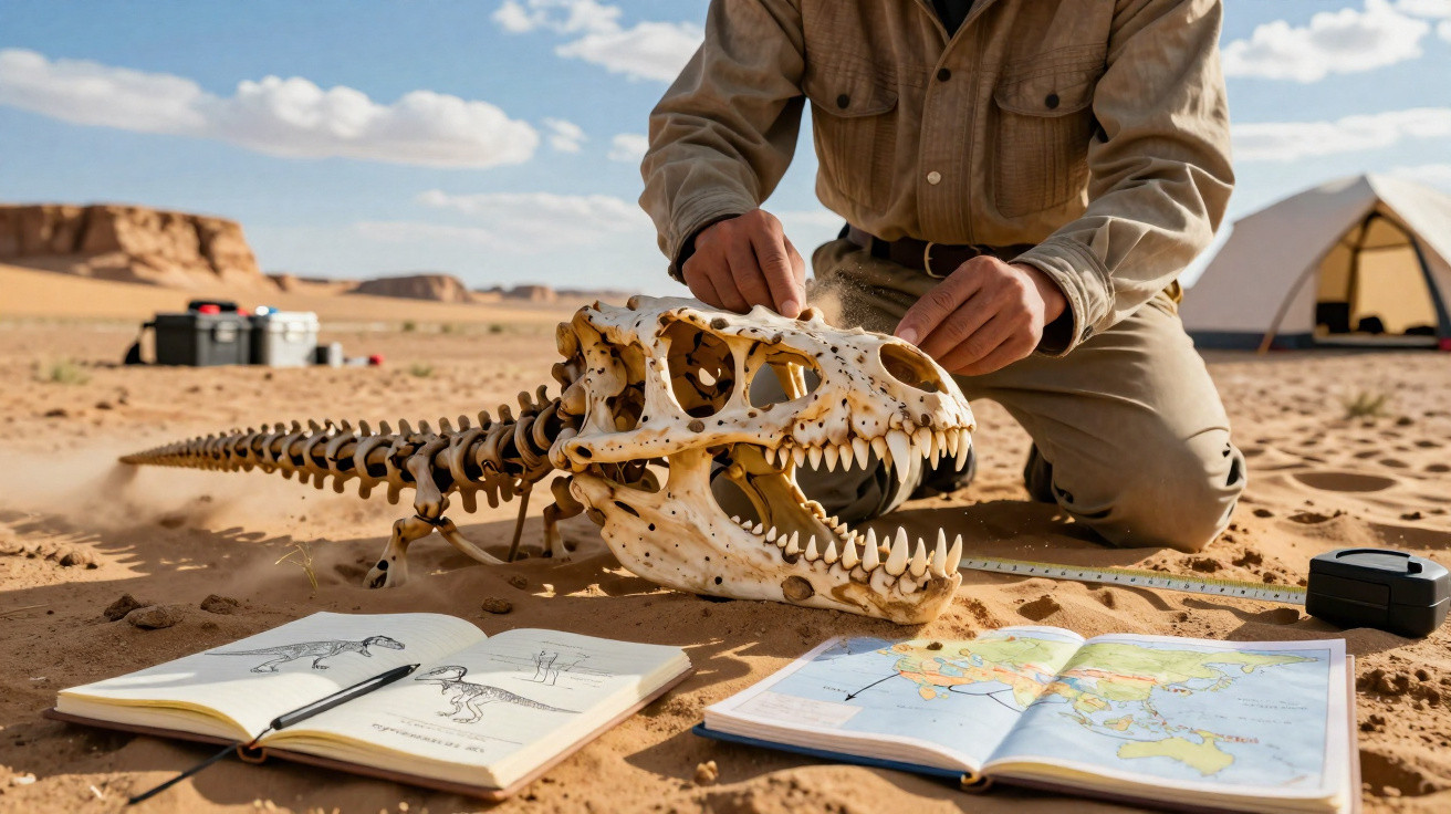 Pesquisador ajusta fóssil de dinossauro em deserto com mapas e caderno aberto ao lado.