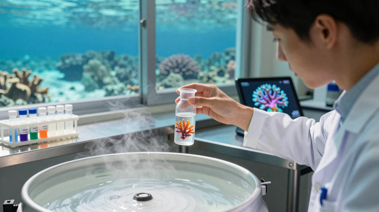 Cientista em laboratório segura frasco com coral, fundo mostra aquário com corais e tubos de ensaio.