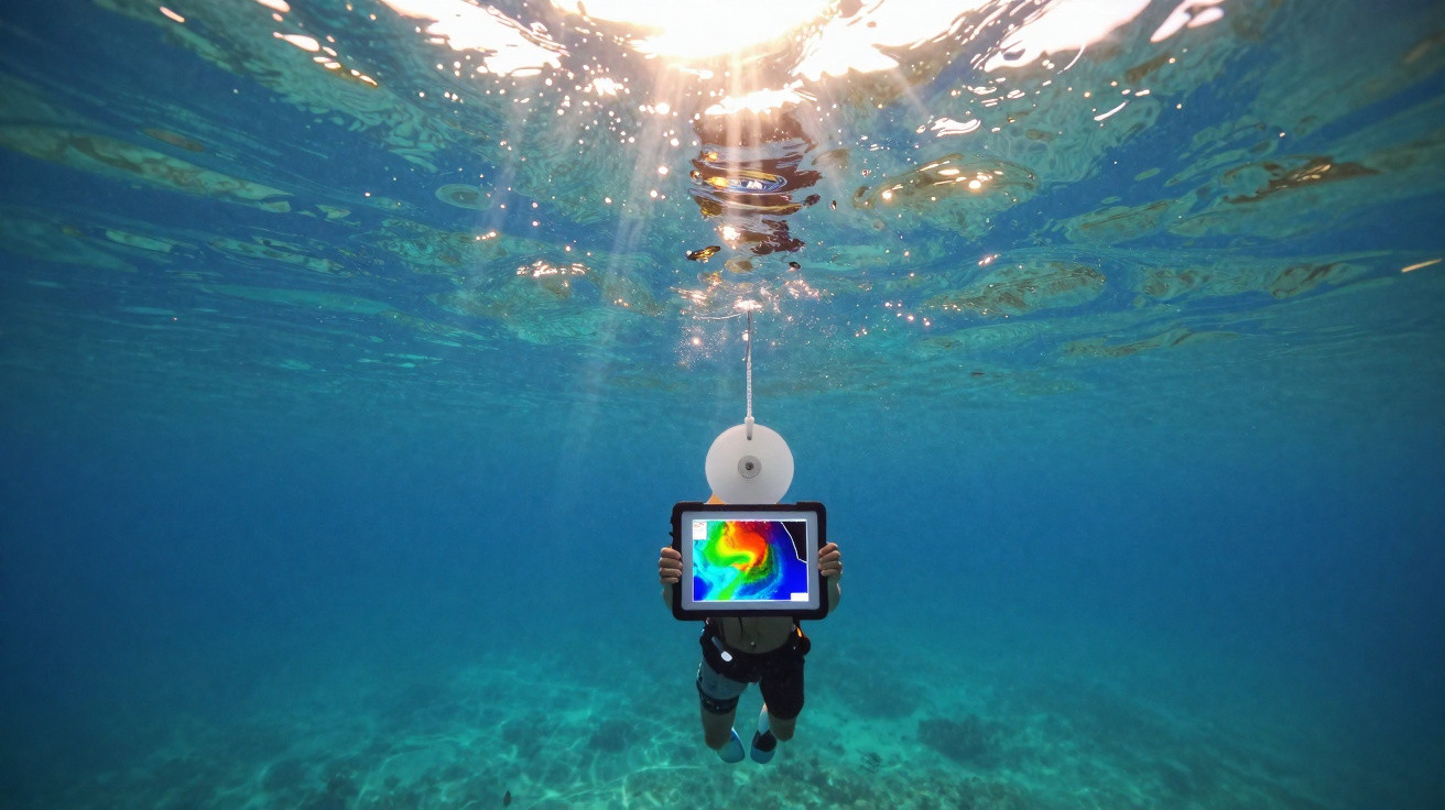 Pessoa submersa segura tablet com mapa térmico preso a boia na superfície do mar azul.