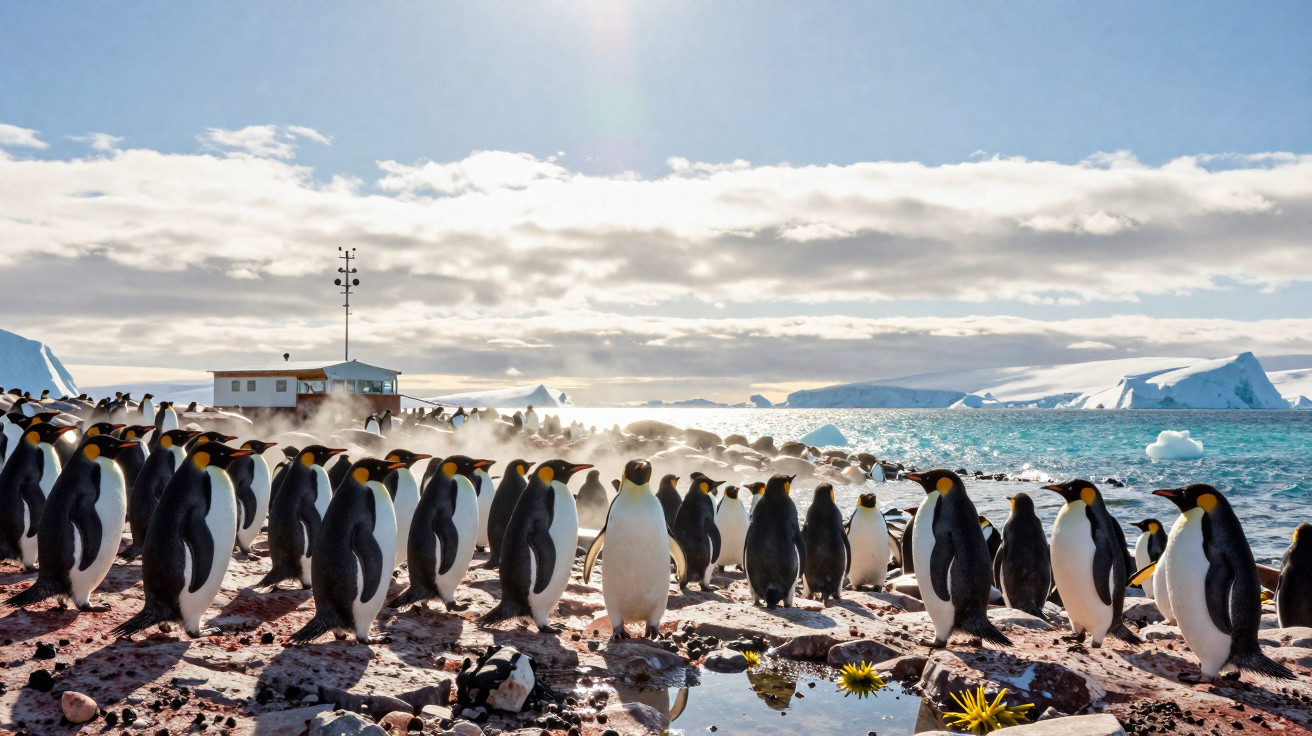 Colônia de pinguins imperadores reunidos na costa rochosa com icebergues ao fundo sob céu ensolarado.