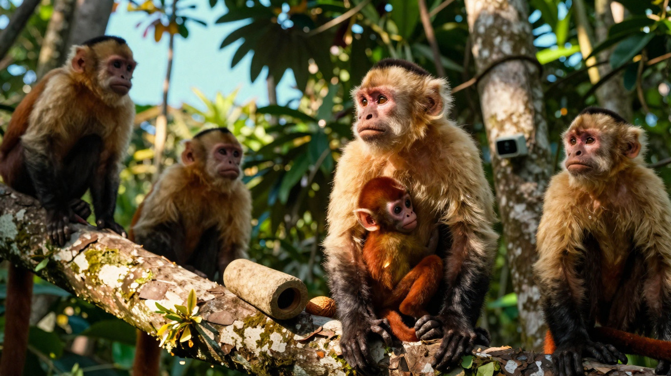 Grupo de macacos-prego em galho de árvore na floresta, com macaco bebê abraçado a um adulto.