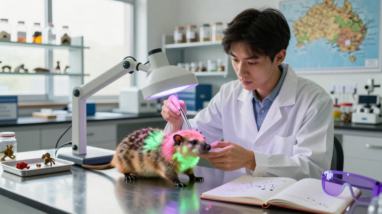 Pesquisador em laboratório analisa um animal com luzes coloridas sob uma lâmpada UV.