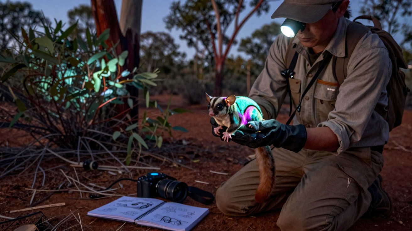 Pesquisador com lanterna na cabeça segura marsupial iluminado por luz ultravioleta à noite na mata.