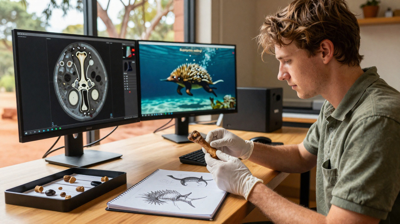 Pesquisador analisa fóssil de animal pré-histórico com ilustrações e imagens digitais em computador.