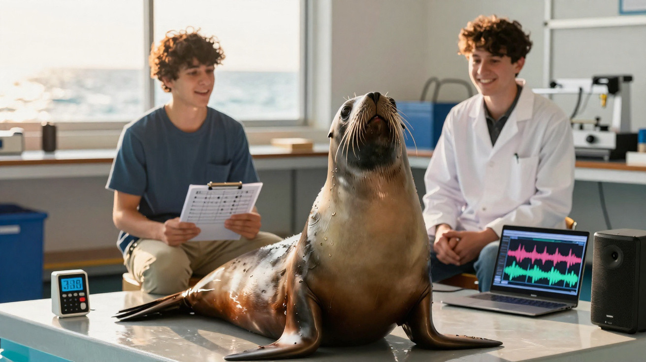 Leão-marinho sobre mesa em laboratório com dois jovens pesquisadores ao fundo observando e sorrindo.
