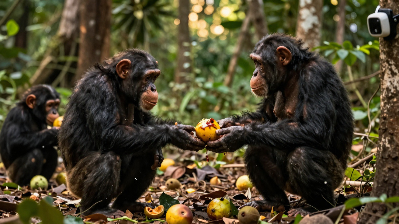 Dois chimpanzés sentados no chão da floresta trocando fruta entre árvores e folhas secas.